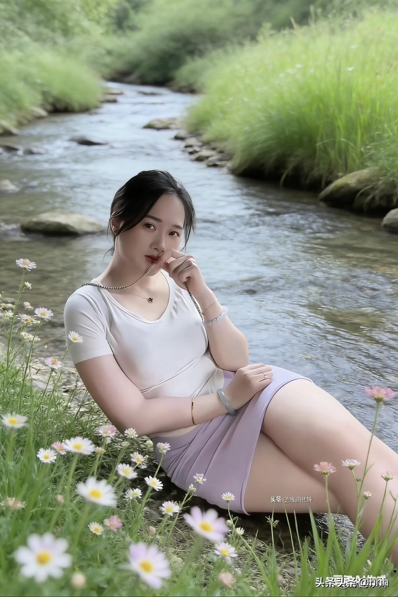 溪边花影动，轻抚玉人腰。