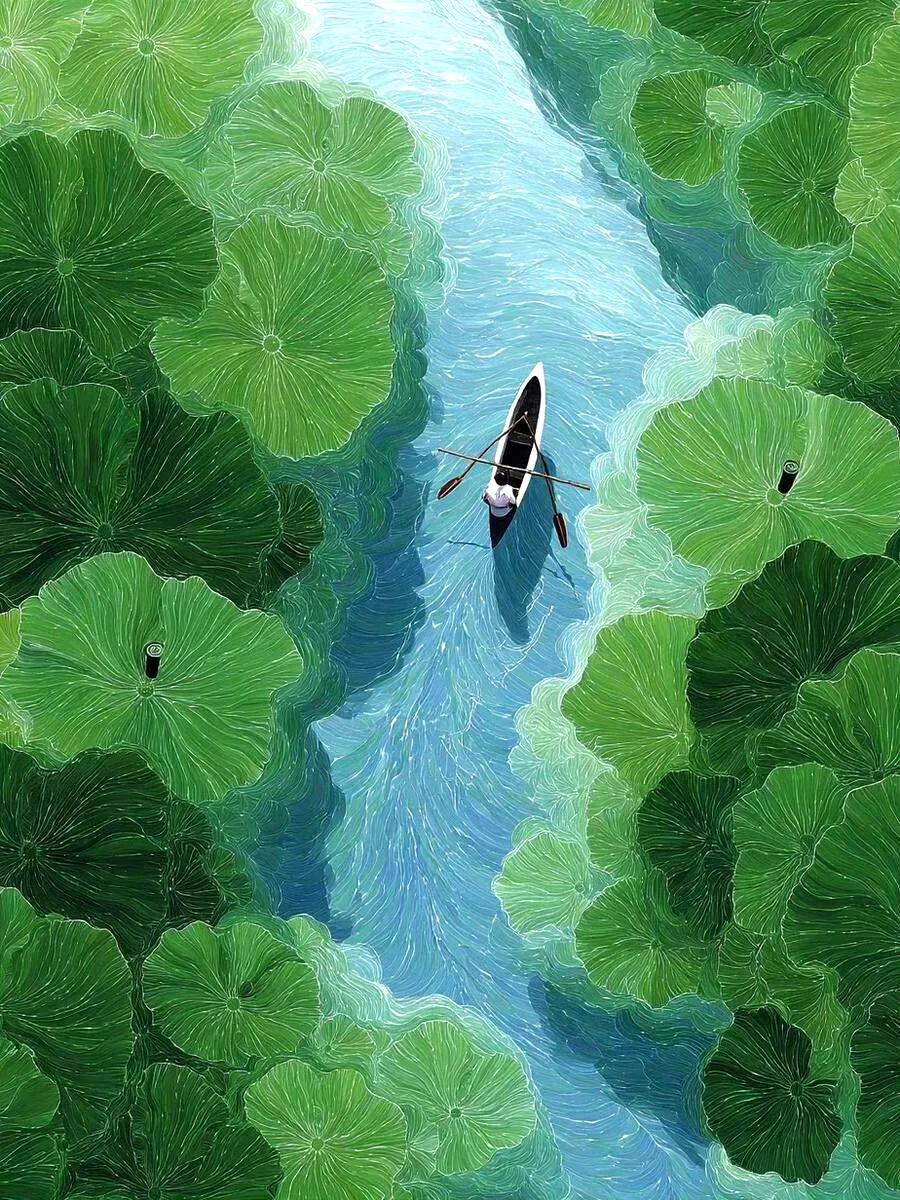 “菱叶萦波荷飐风，荷花深处小船通”。白居易，《采莲曲》。
菱叶在水波中飘荡，荷叶