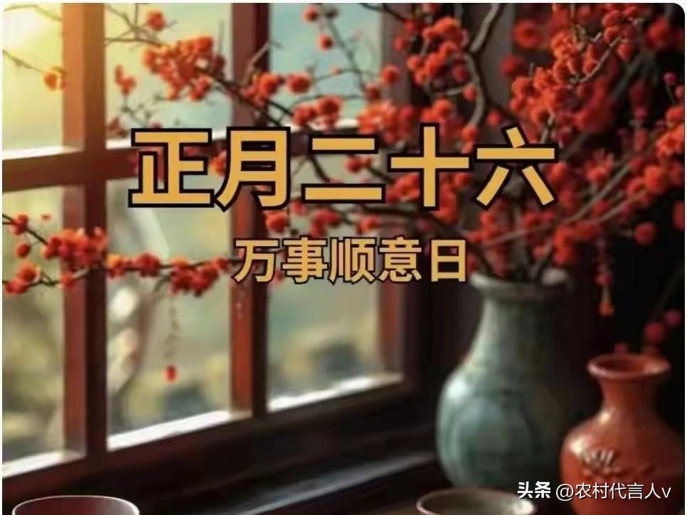 今日正月二十六，记得：2样端上桌，3事不能做，马年家旺人安康。
 
“正月二十六