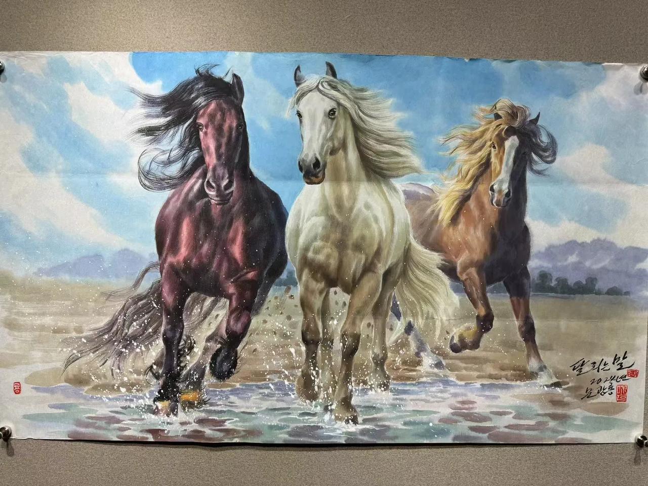 朝鲜名家国画73 X125cm，画的栩栩如生，气势如虹！我感觉朝鲜画家画的马更加