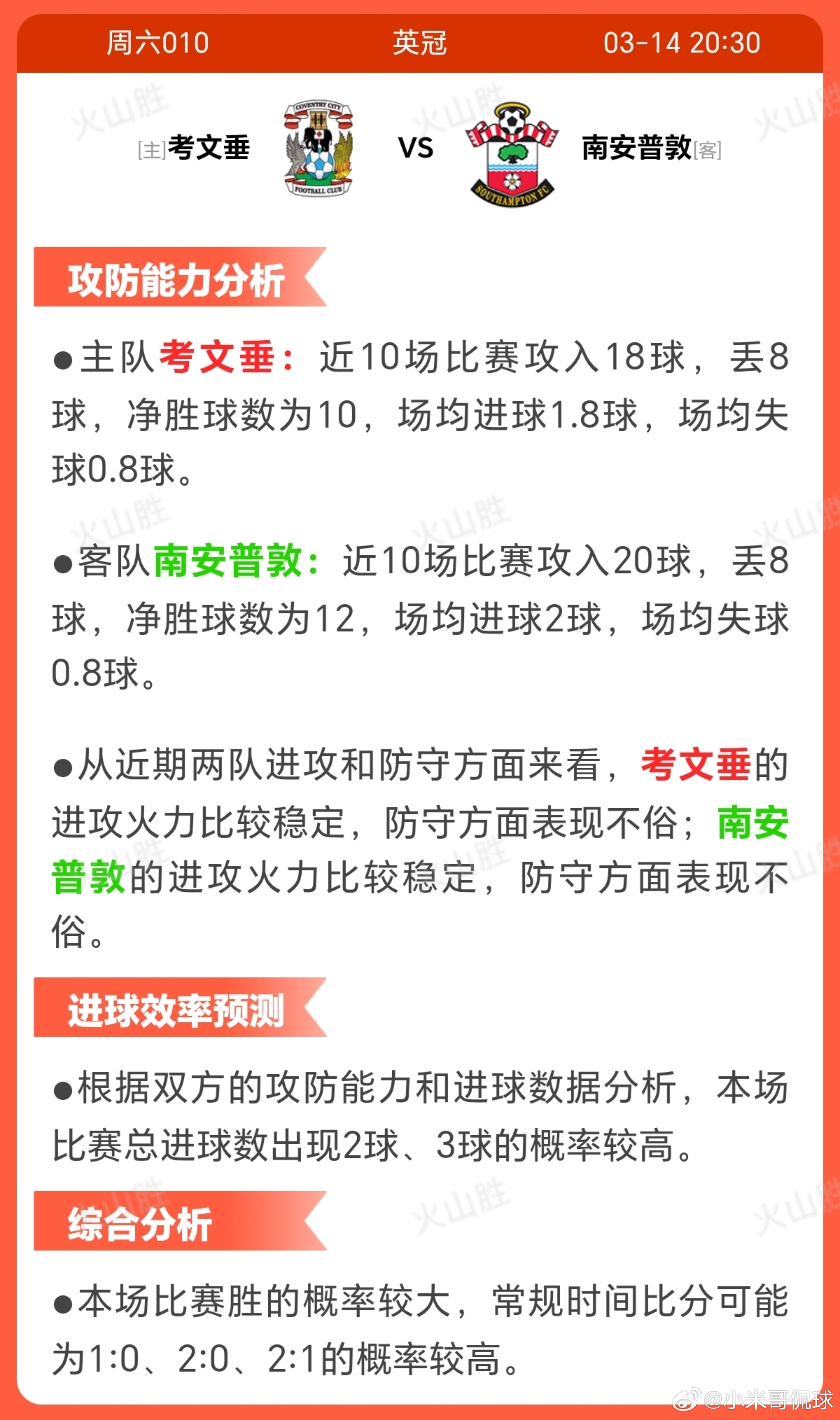 考文垂VS南安普敦考文垂近期状态显示7胜1平2负，进攻端强势但稳定性略有波动，存