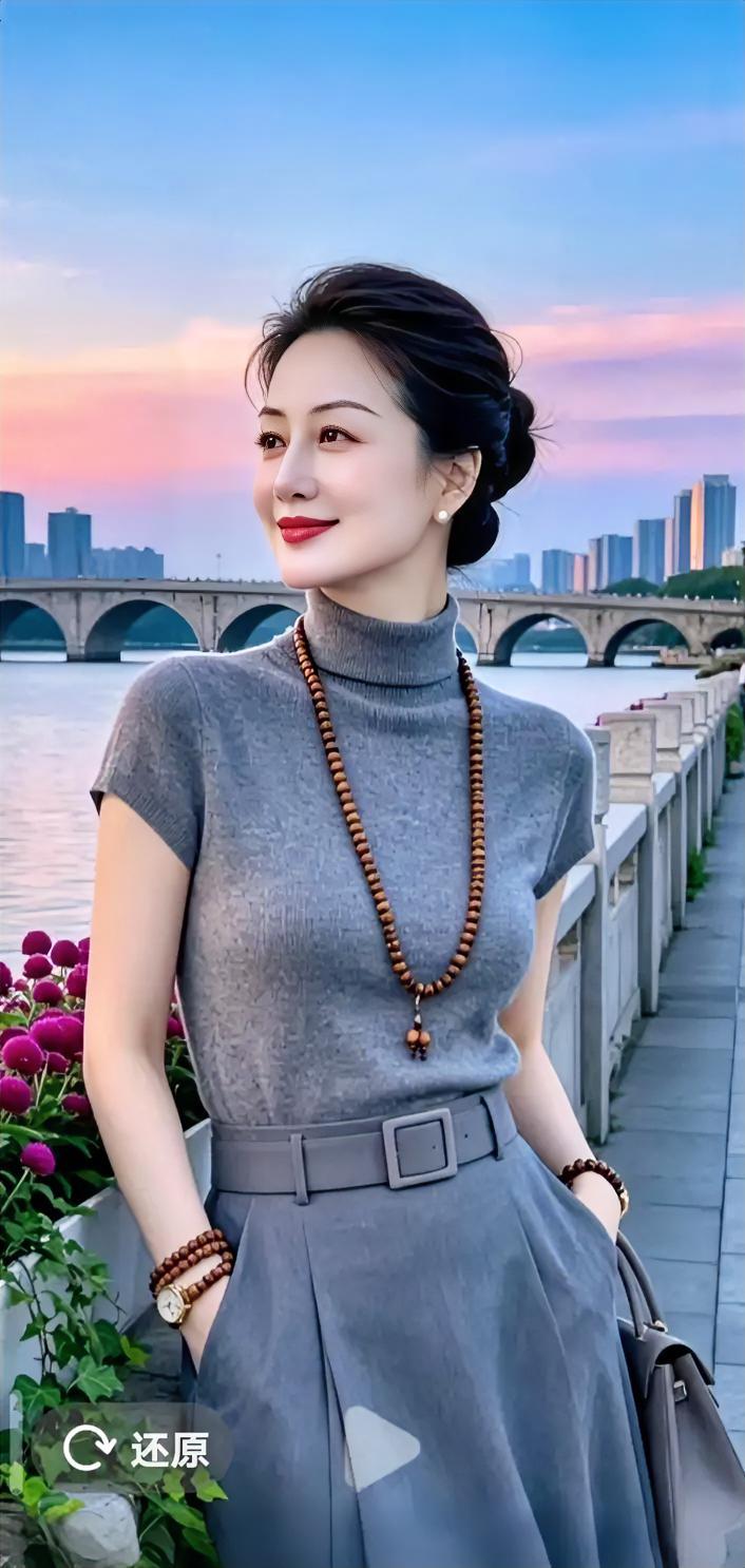 暮色漫过江面，晚风温柔拂面。一身素雅灰调穿搭，简约却藏着从容韵味。不必追赶时光，
