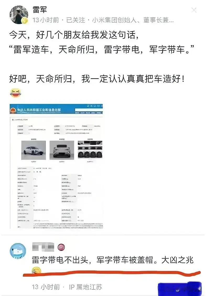 太心酸了，雷军自己承认造车是天命所归，下面网友的一句话我破防了，雷总看了都摇头，