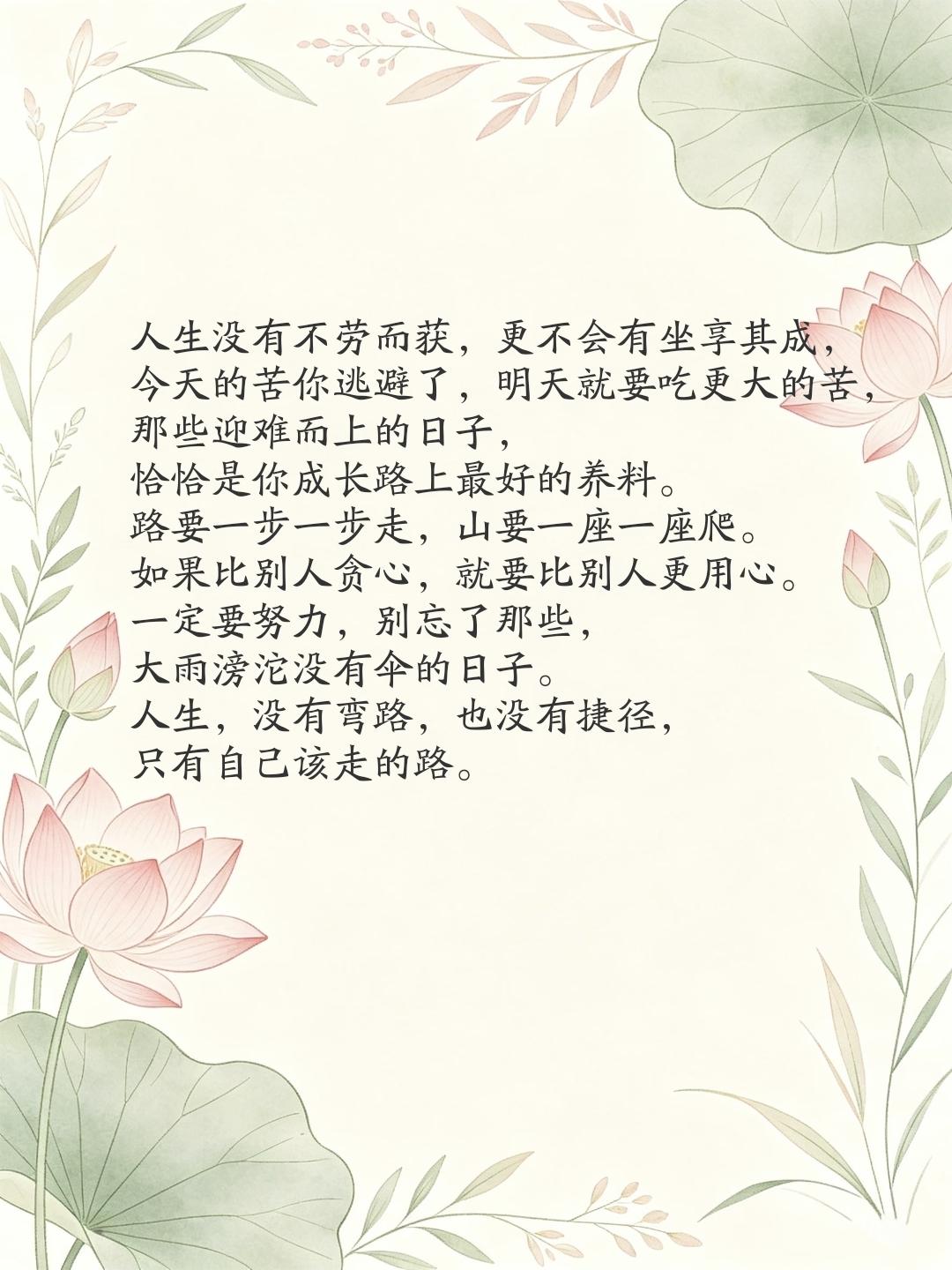人生没有不劳而获，更不会有坐享其成，今天的苦你逃避了，明天就要吃更大的苦，那些迎