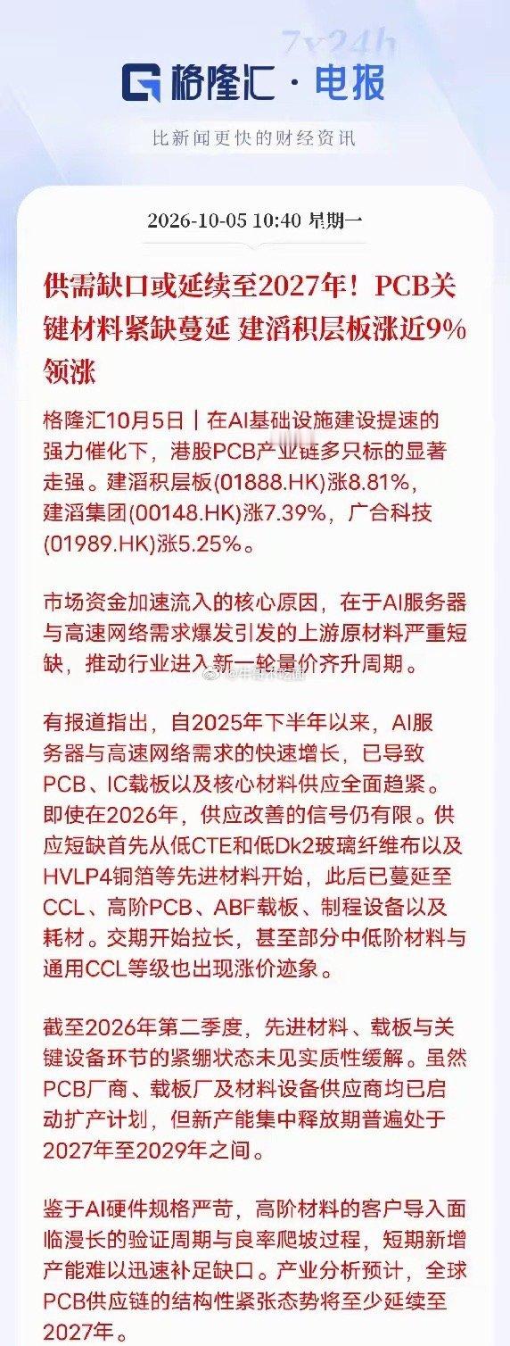 AI算力带火上游！PCB关键材料紧缺，供需缺口或将延续到2027年AI基建持续加