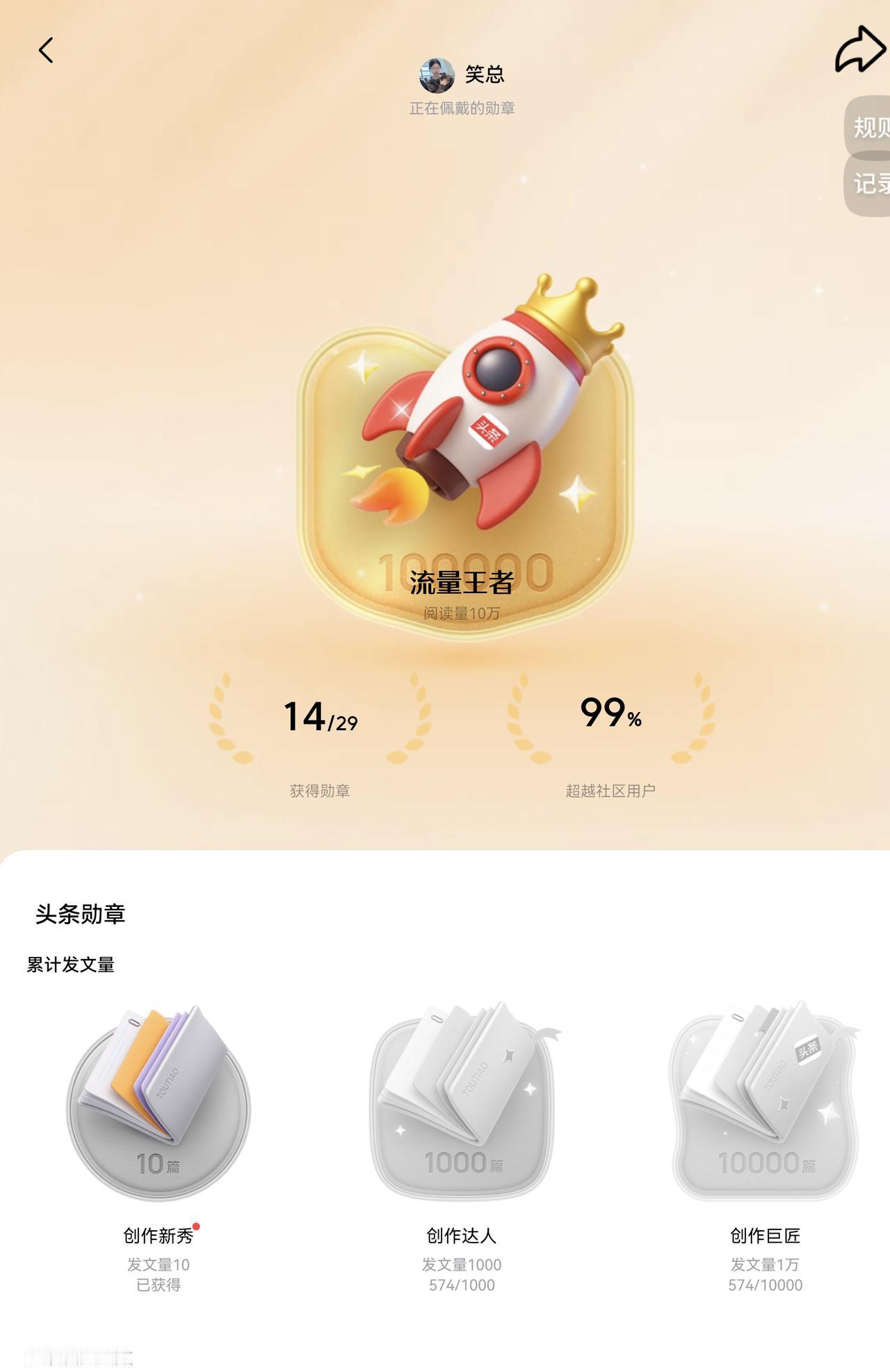 今日我把自己流量王者的勋章带上了。
没想到自己才五百多个粉，阅读量就破10万了。