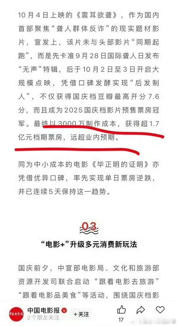 中国电影报发文：檀健次震耳欲聋制作成本才3000万喔，票房远超业内预期 ​​​！