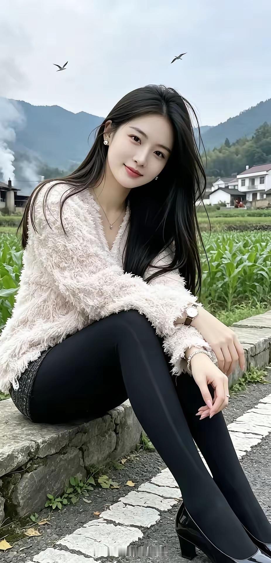 田园风光中的甜美少女，黑丝袜与毛绒外套的完美搭配，自然与时尚的完美融合。