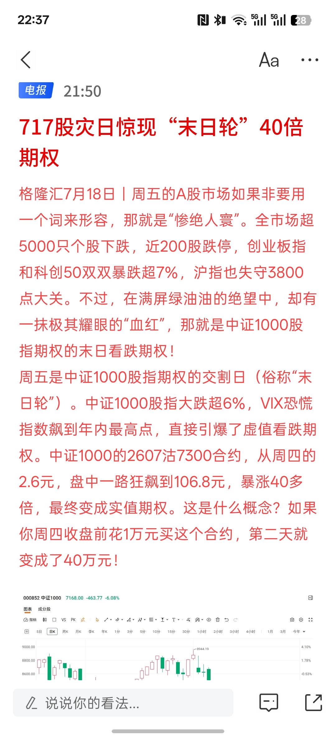 有人看空，717股灾日惊现“末日轮”40倍期权，有人在加大力度看空A股，上周五是