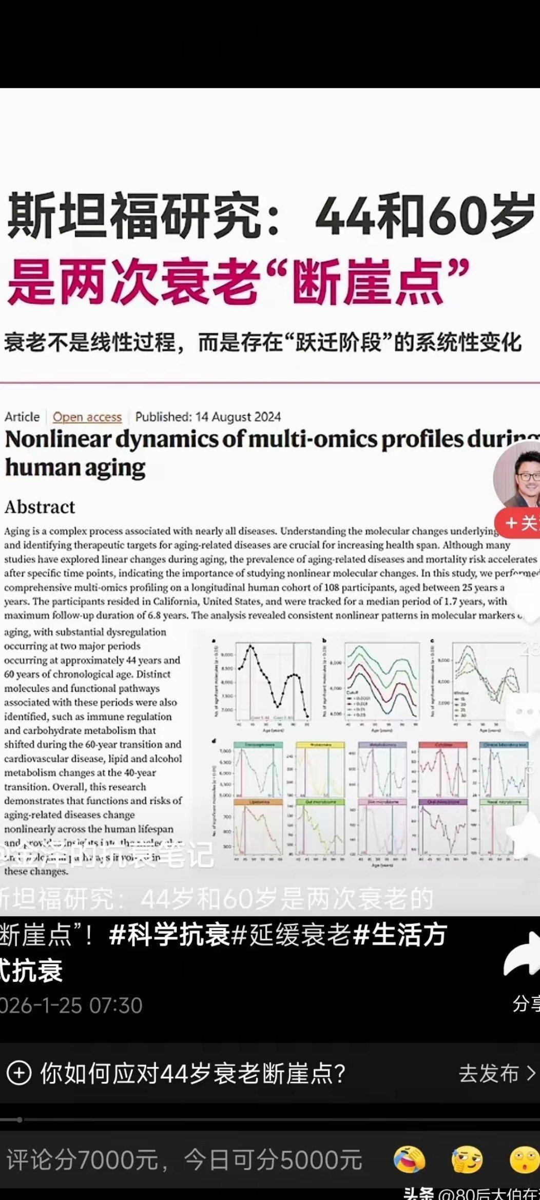 斯坦福研究表明: 人的衰老不是渐进的过程，而是断崖式。44岁和60岁是两次衰老的