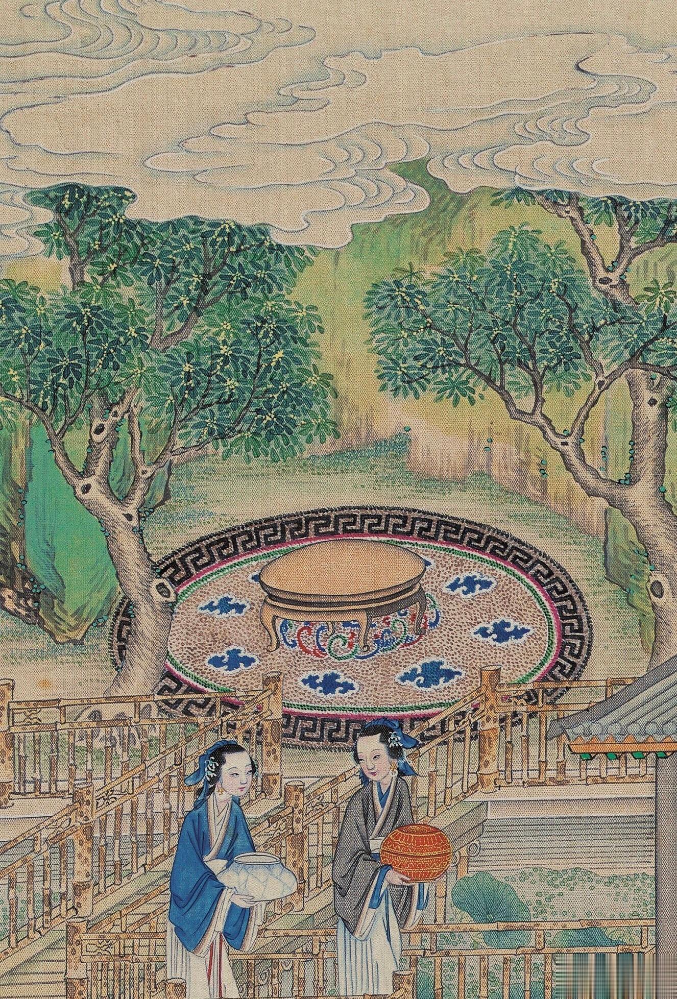 【花毡】因又命另摆一桌，拣了热螃蟹来，请袭人、紫鹃、司棋、待书、入画、莺儿、翠墨