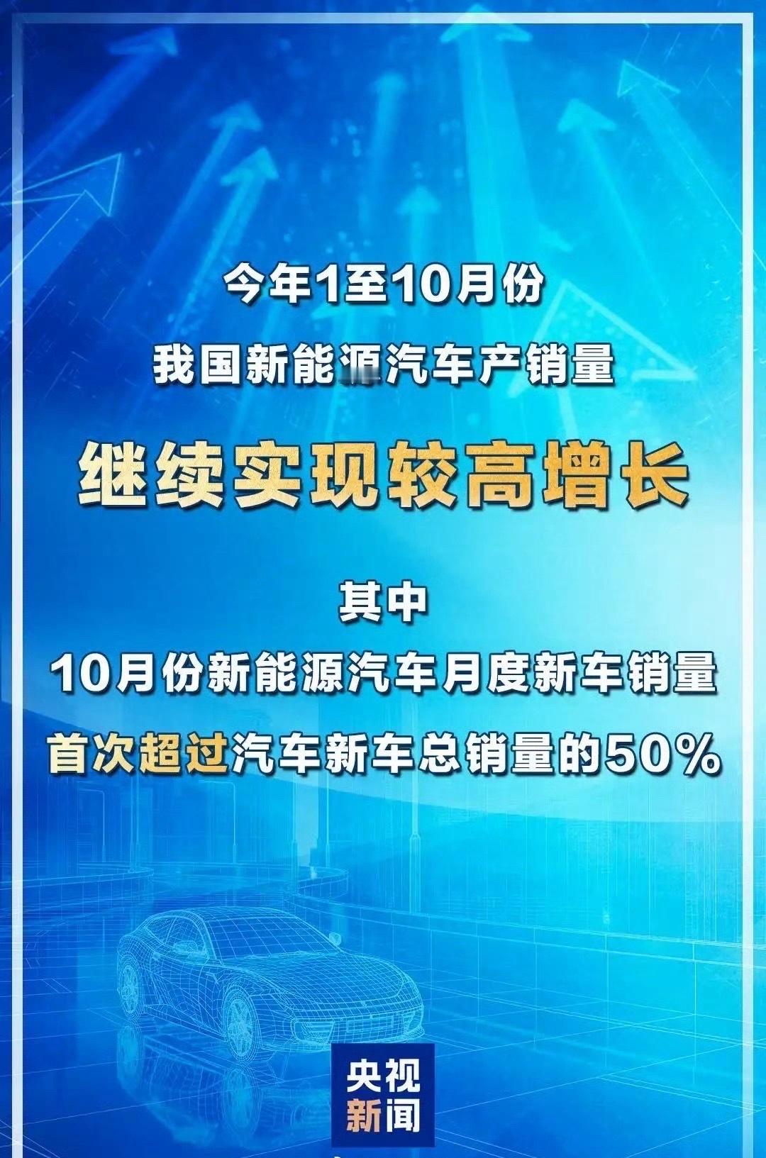 新能源汽车正式当主角了！ 10月占比51.6%，1-10月产销均破1300万辆，