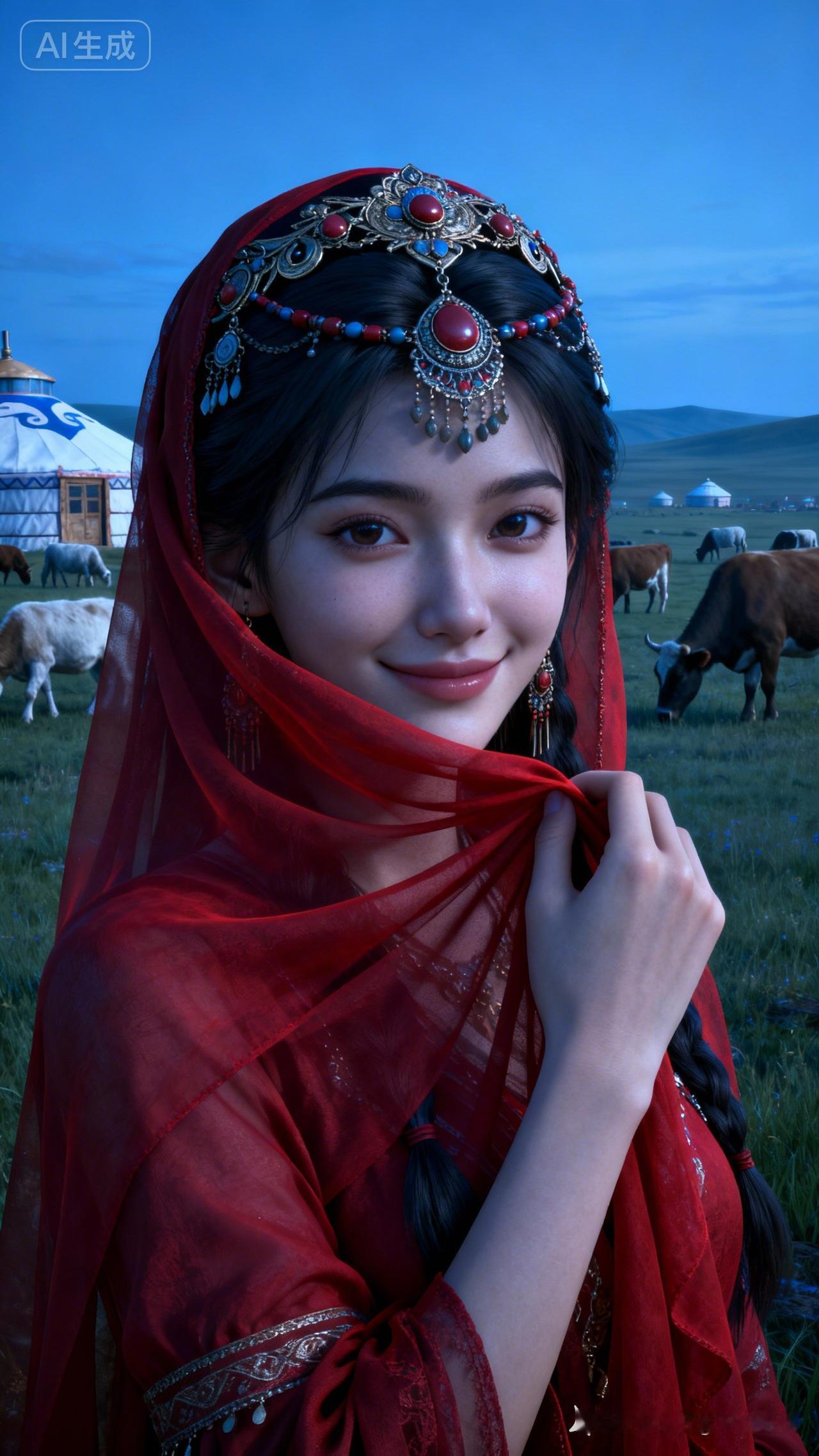 草原上的红衣少女，笑靥如花，美不胜收！🌿💕