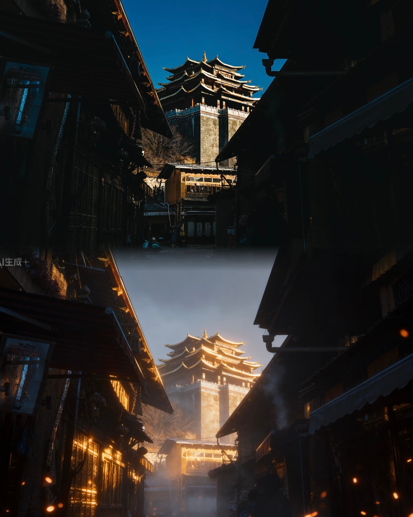 借助数字工具重塑旅行影像，AI以光影重构街巷，调和冷暖色调，让香格里拉藏地古建独