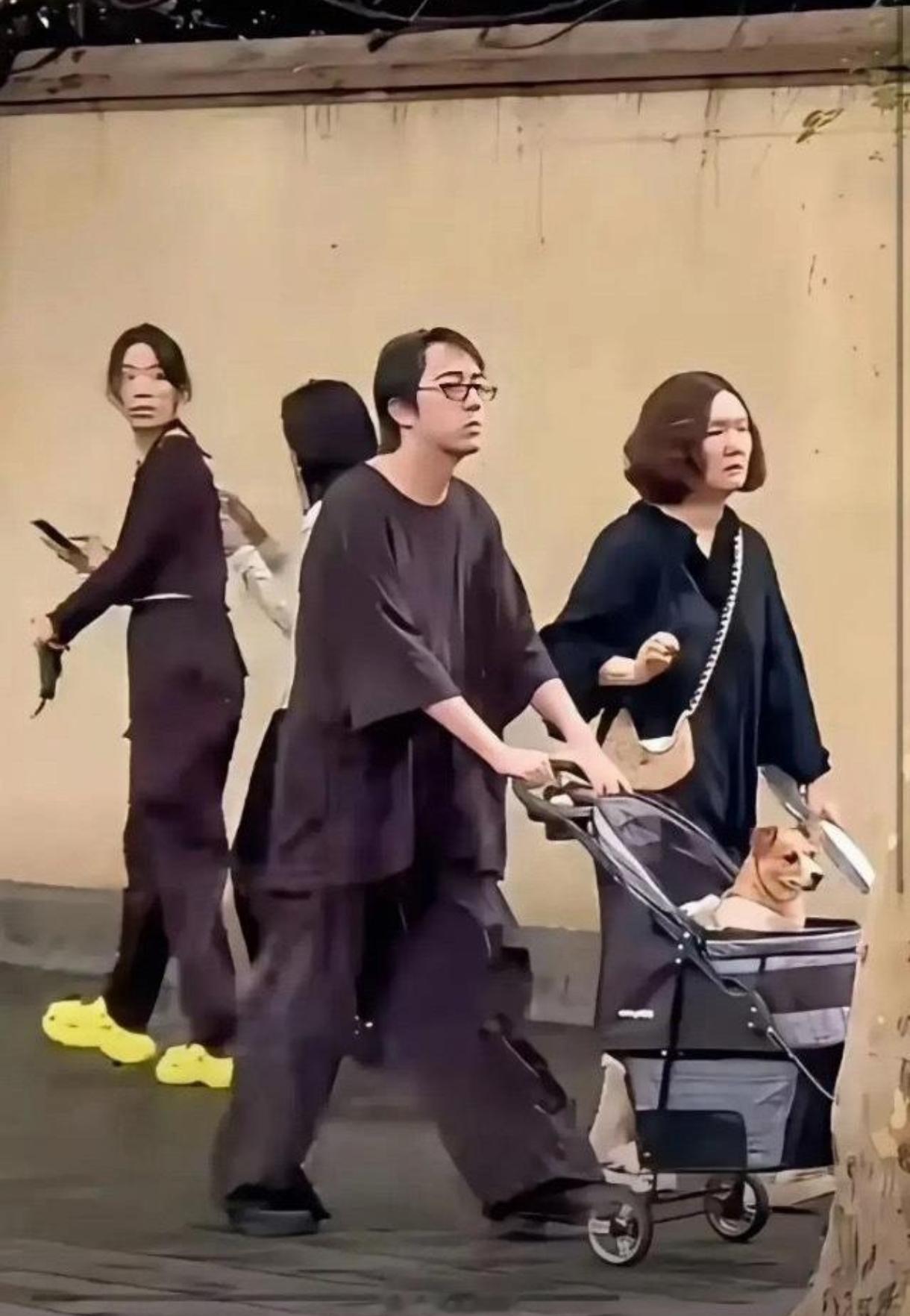 小姐姐忍不住回头看，是因为撞衫还是因为小推车推的是小狗？大妈拖行小狗 步行的女孩