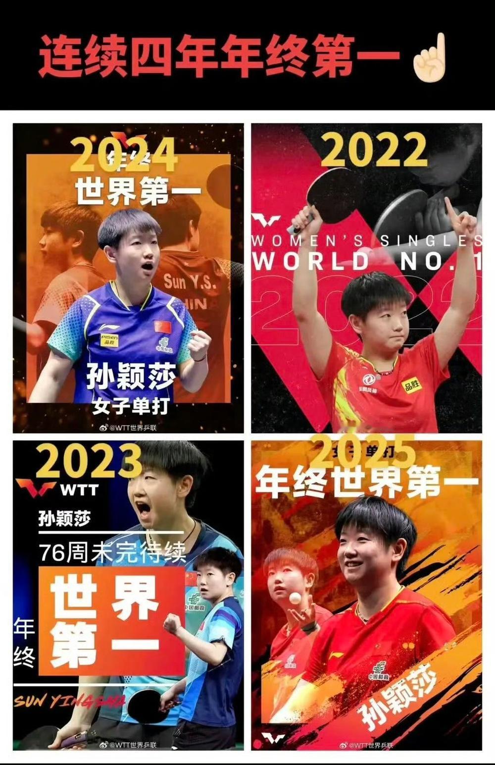 孙颖莎的故事一直在持续中，她才25岁，依旧世界第一，连续四年，每一年都会拿到很多
