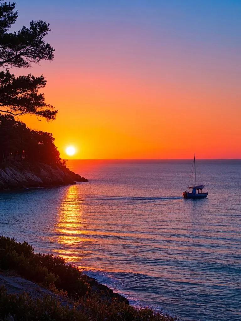  夕阳落东海，船行碧波彩。岸植迎风摆，此景醉心怀，海天成画梦幽哉。夕阳落慕晚霞红