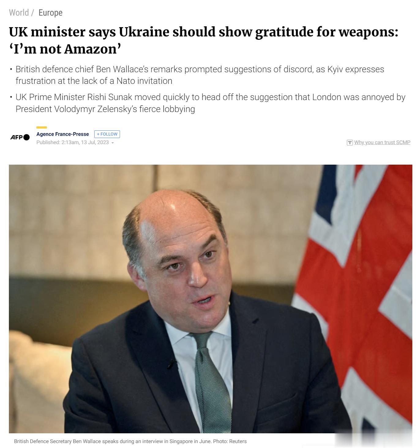 英国国防大臣本·华莱士驳斥了泽连斯基之前“斥责”西方盟友的言论，他对《天空新闻》