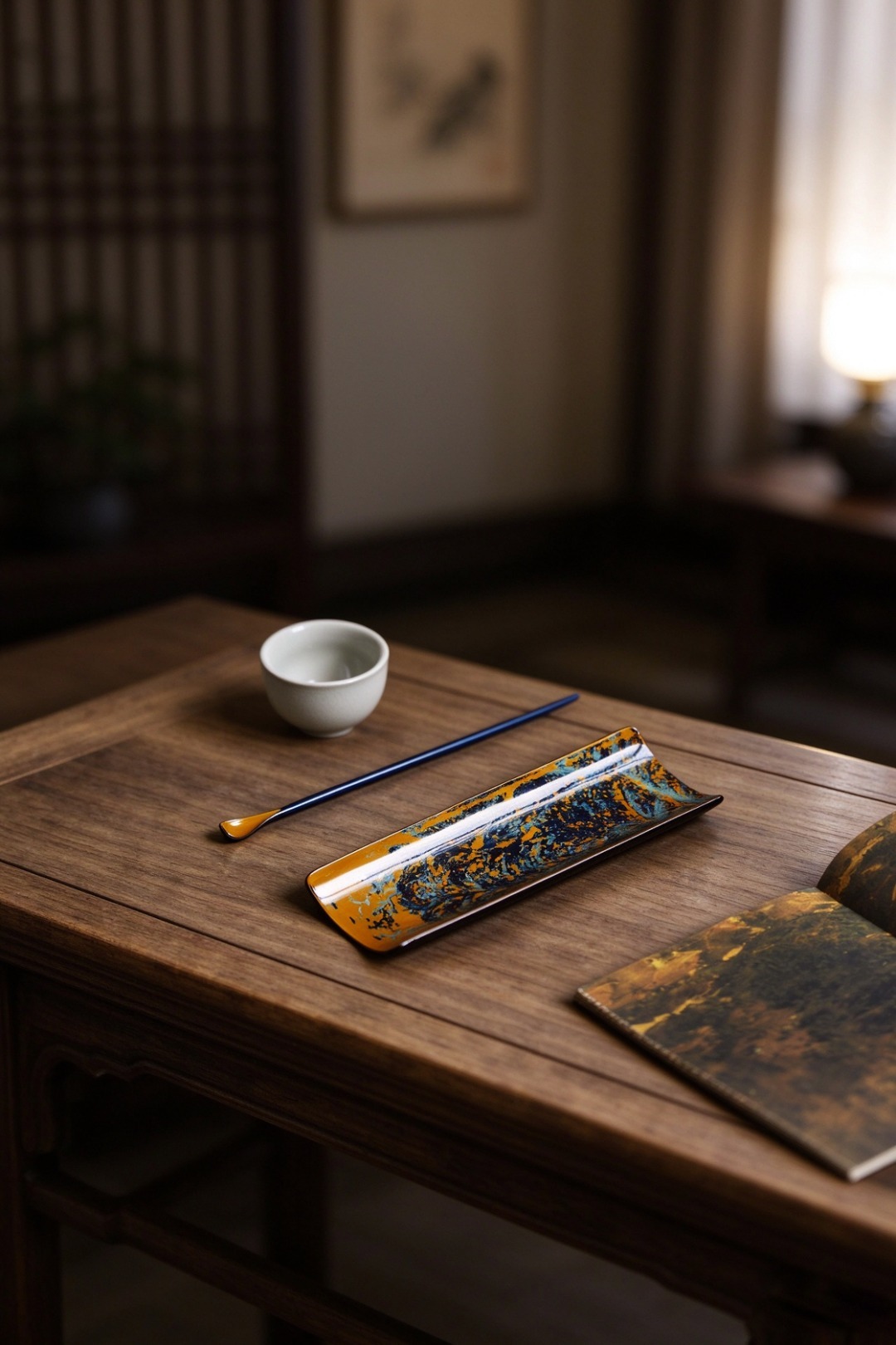 大漆【星空】茶则循传统工艺，逐层髹漆，斑斓多彩，宛若山河，反复推光打磨，触手温润