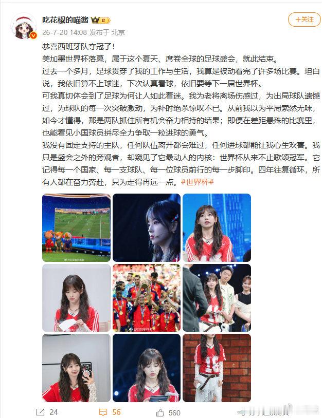 【王冰冰说世界杯从不止歌颂冠军】王冰冰总结世界杯7月20日，2026美加墨世界杯