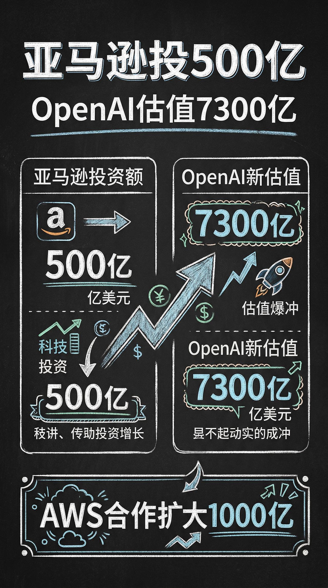 亚马逊周五宣布，将向OpenAI投资500亿美元，首期投资150亿美元，未来几个