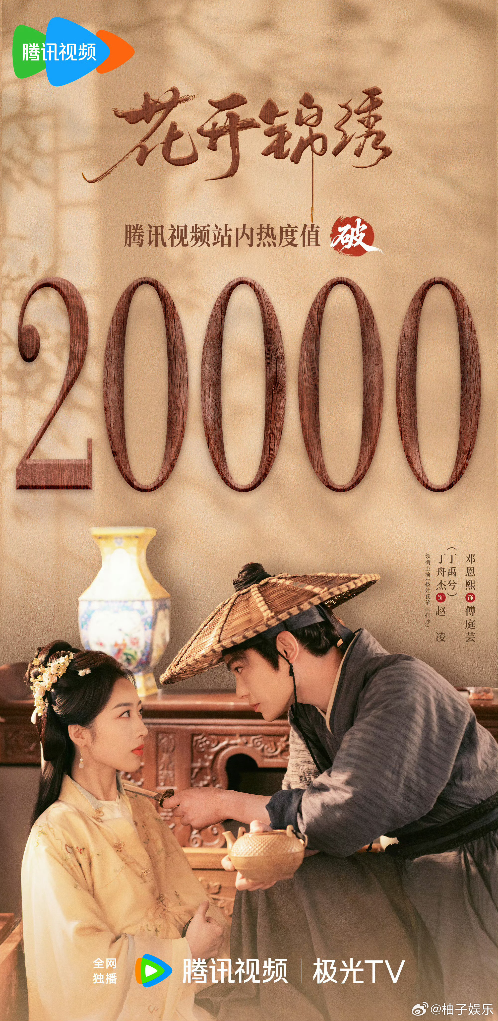 丁禹兮、邓恩熙《花开锦绣》刚开播热度值就破20000了，好优秀，丁禹兮抗剧能力太
