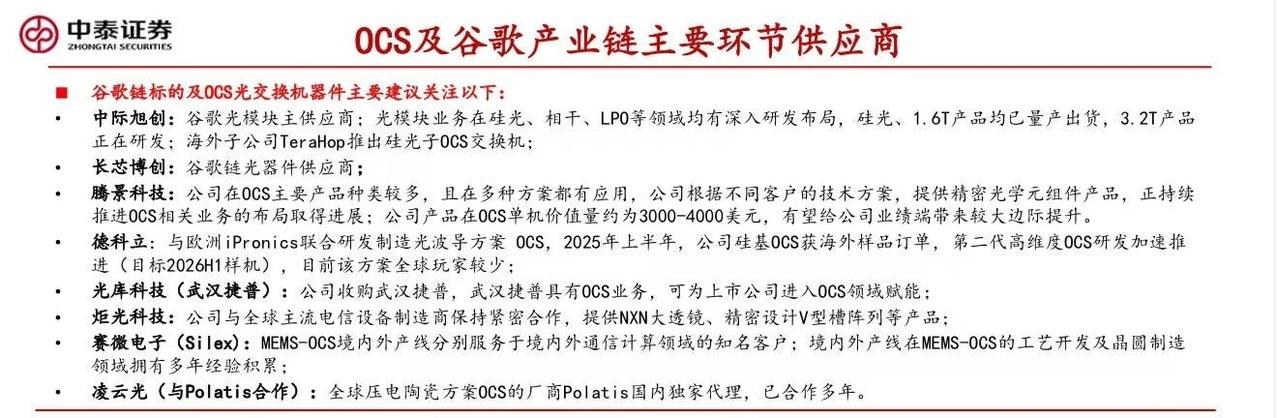 OCS及谷歌产业链主要环节供应商：