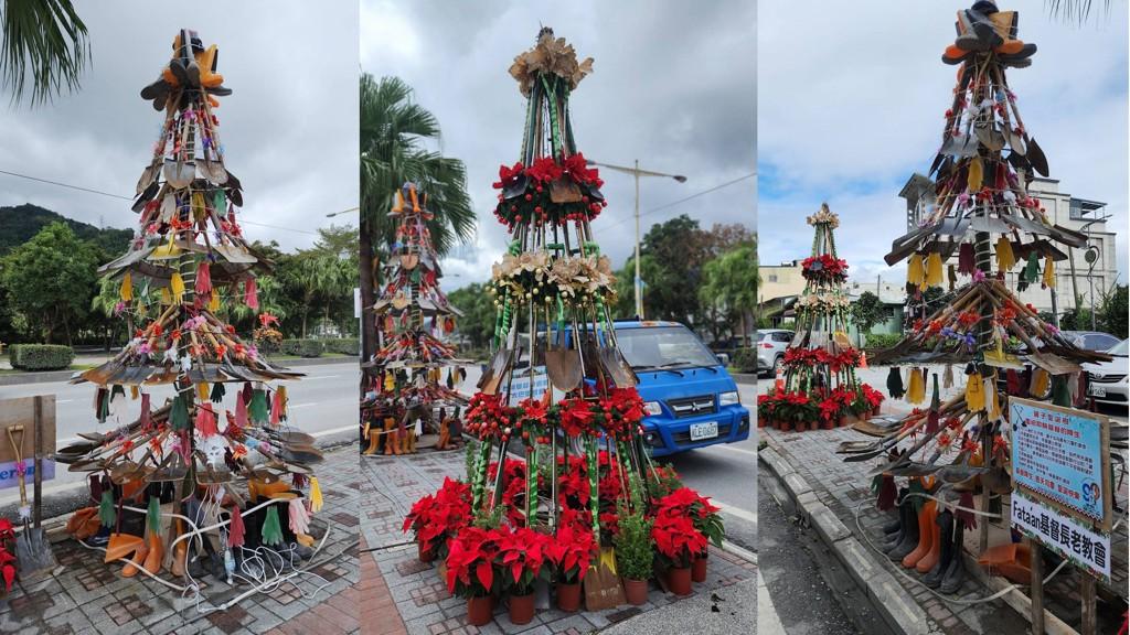 不一样的圣诞节!花莲光复路边惊见"铲子耶诞树"。2025年9月，花莲马太鞍溪遭遇