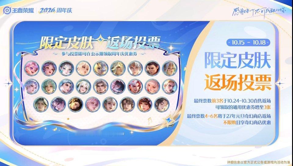 王者2026周年庆返场皮肤投票开始了，大家觉得今年前三的皮肤会是哪三个呢？[思考