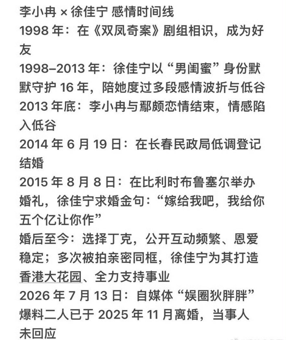 曝李小冉徐佳宁离婚2026年7月13日，多家八卦自媒体（如“娱圈狄胖胖”等）集中