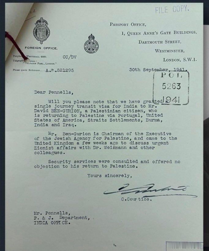 以色列国父本古里安在1941年的一份过境签证文件被公布，当时他被登记为“巴勒斯坦