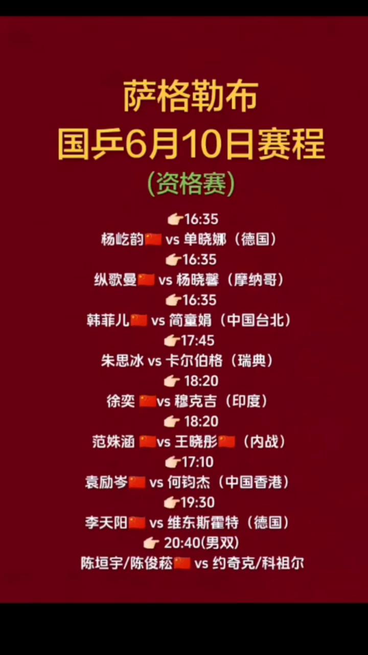 萨格勒布国乒6月10日赛程。
·韩菲儿vs简童娟(中国台北)。
·朱思冰vs卡尔