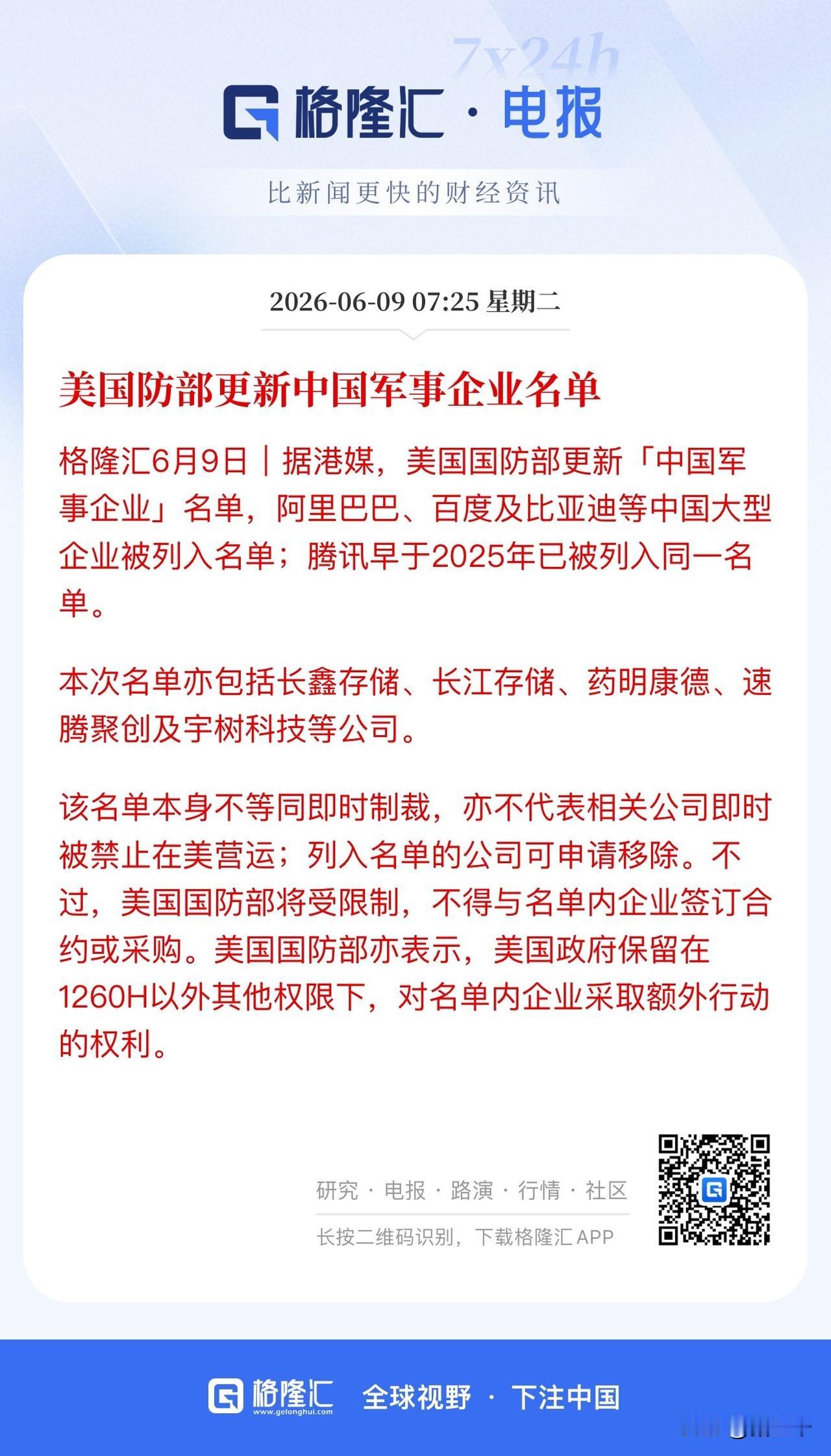 白宫又出幺蛾子，
美国防部更新中国军事企业名单：
腾讯、百度、阿里、比亚迪均在列
