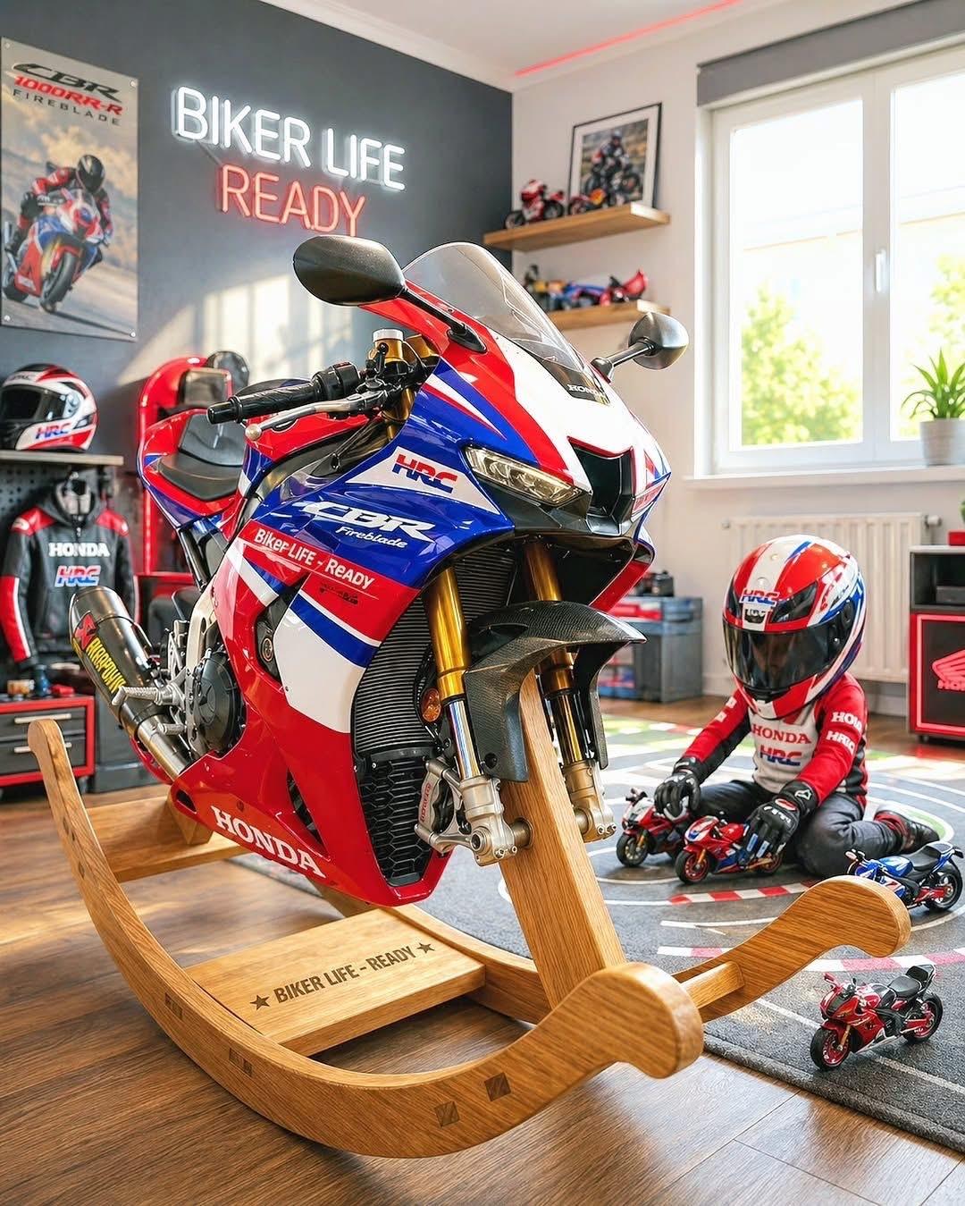 “🏍️ 谁的童年DNA动了？！本田CBR摇摇车+迷你HRC骑士，房间里的「Bi