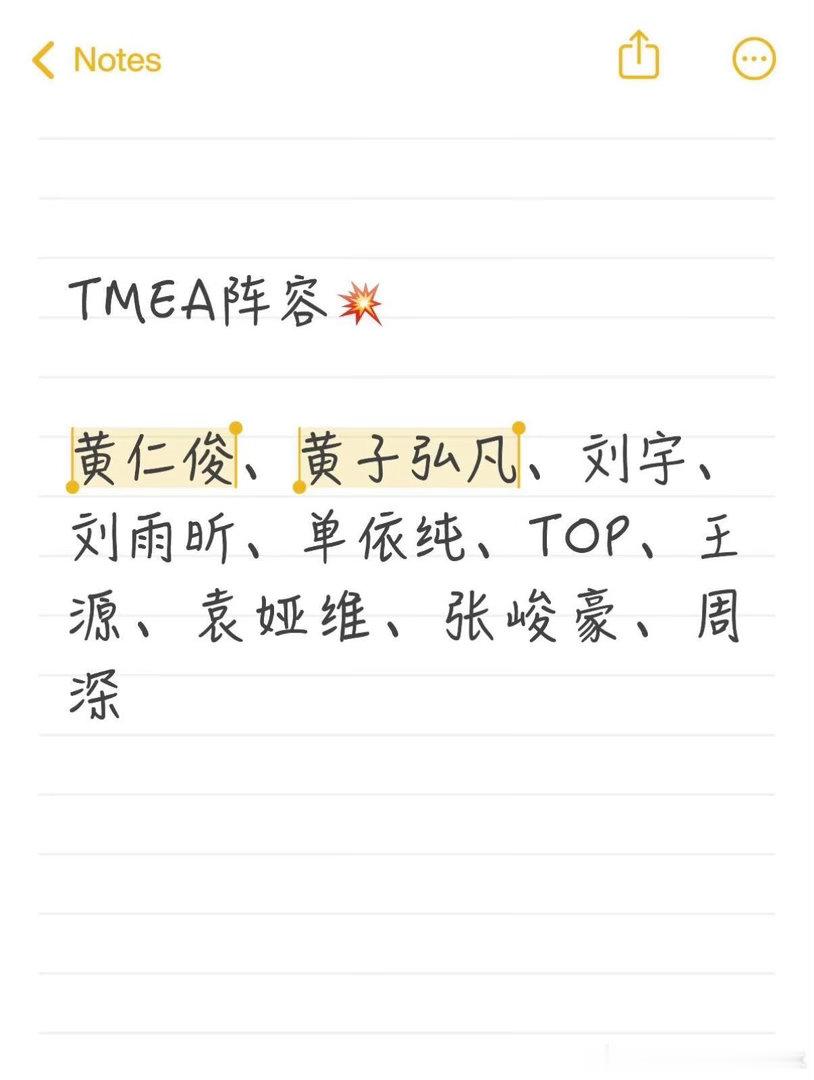 今年TMEA阵容已定👀出席名单：黄仁俊、黄子弘凡、刘宇、刘雨昕、单依纯、TOP
