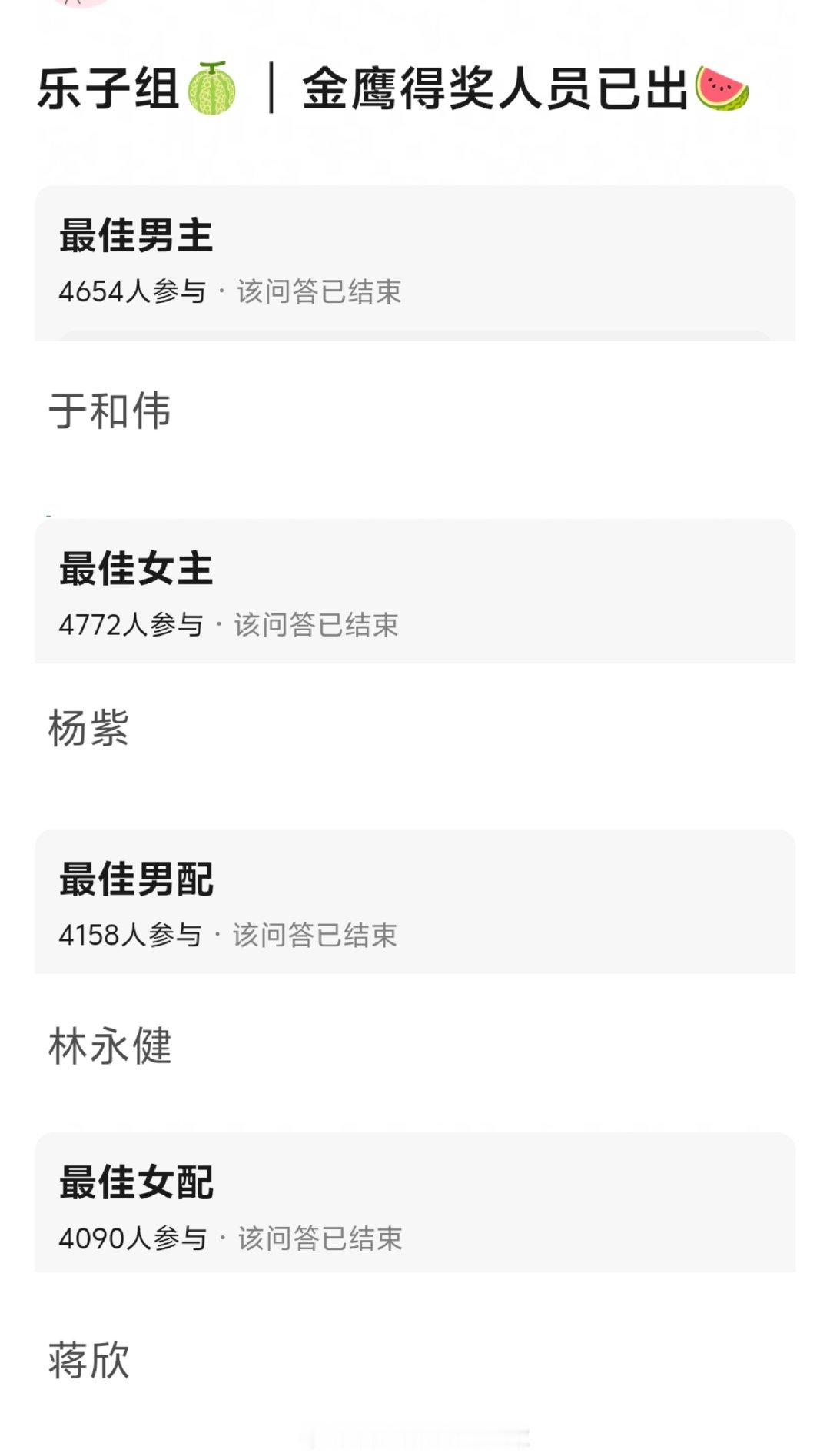 网传金鹰奖获奖名单曝金鹰奖获奖名单 吃瓜看到网传金鹰奖名单，于和伟、杨紫、林永健