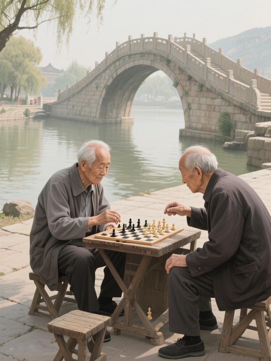 AI妙生图石桥下，碧水旁，两位老者对弈，在落子间，品悟岁月悠悠的博弈与宁静。宁静