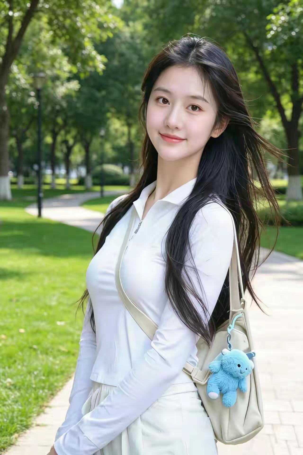 白衫少女漫步林荫道，发丝随风轻扬，肩头米色背包缀着蓝绒玩偶，笑容甜得让整条小路都