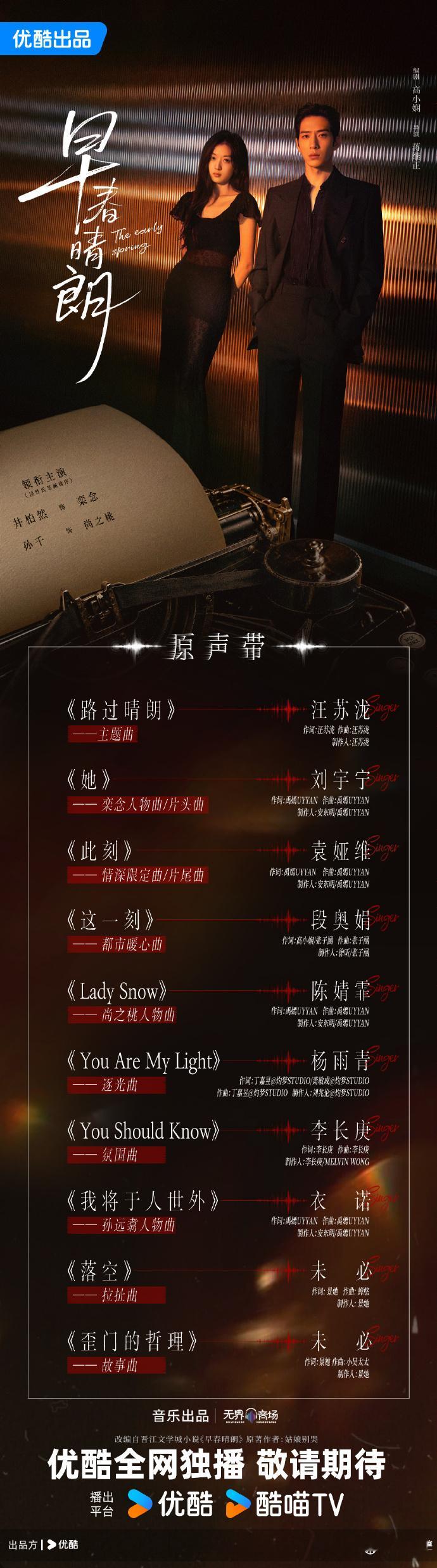 早春晴朗ost阵容 早春晴朗ost试听每一首 OST 都对应角色的心路轨迹，不同
