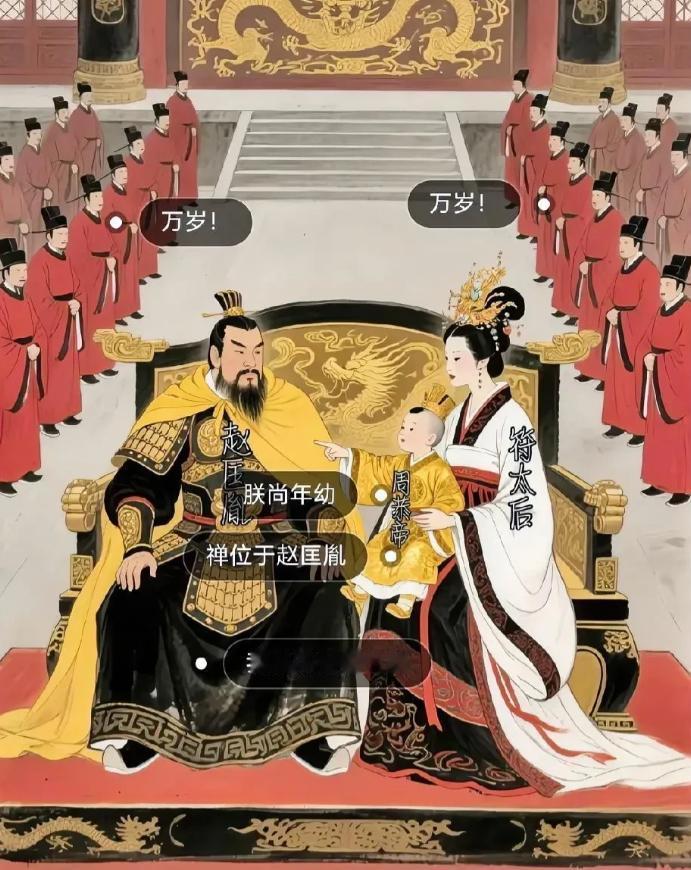 陈桥兵变后，赵匡胤入宫，符太后将幼帝柴宗训护在身后，问：“你对得起先帝的信任吗？
