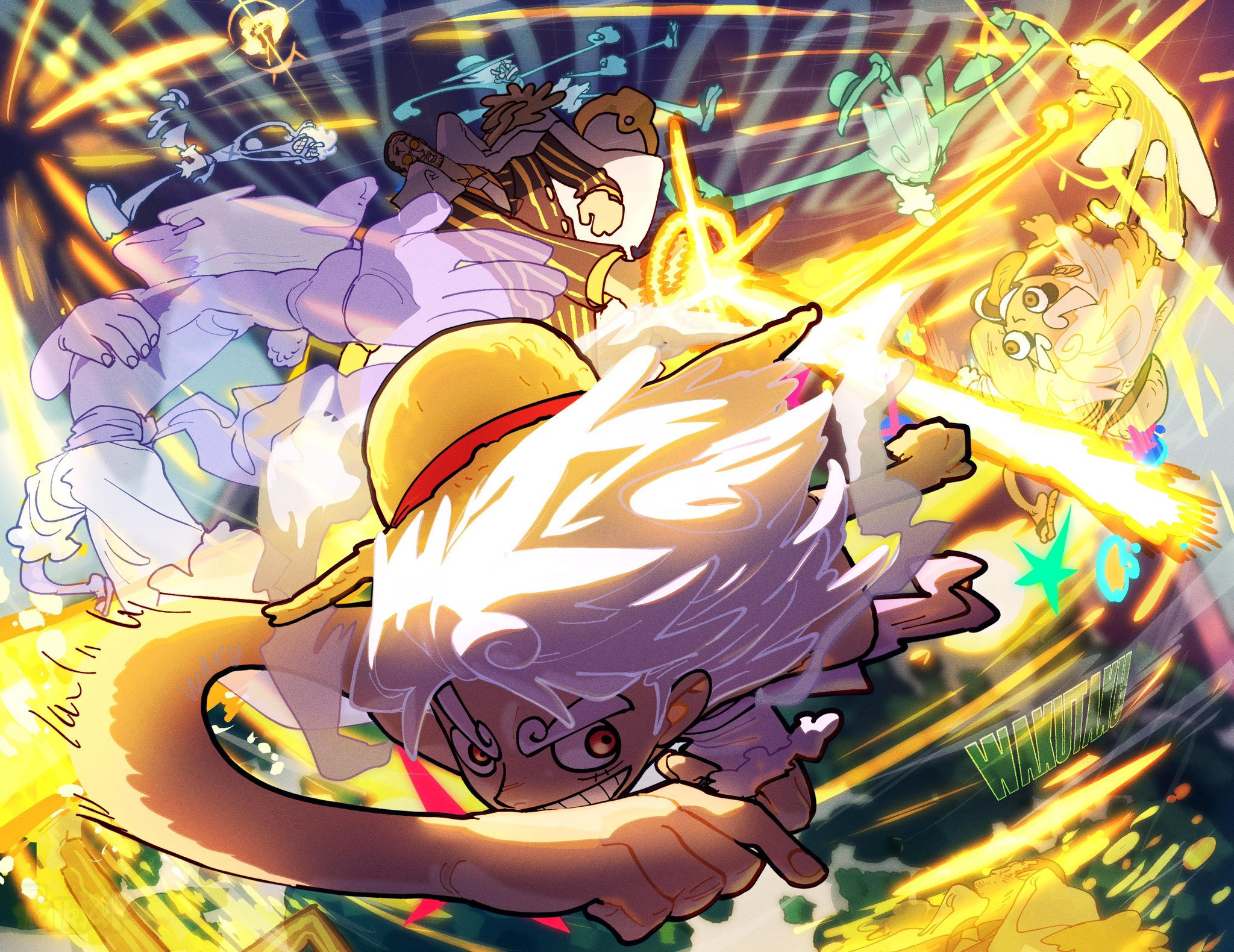 推特画师waker画作：路飞VS黄猿。出处url：aywakutakuay 海贼