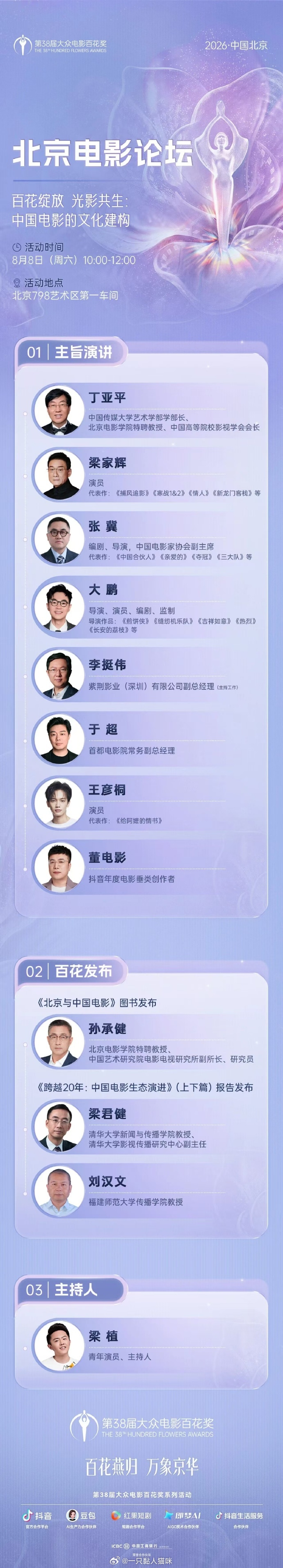 第38届大众电影百花奖北京电影论坛，于8月8日北京举办！主旨演讲人员名单⬇️ 