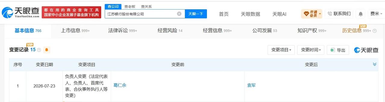 【袁军任江苏银行董事长 江苏银行换帅完成工商变更】
天眼查App显示，近日，江苏
