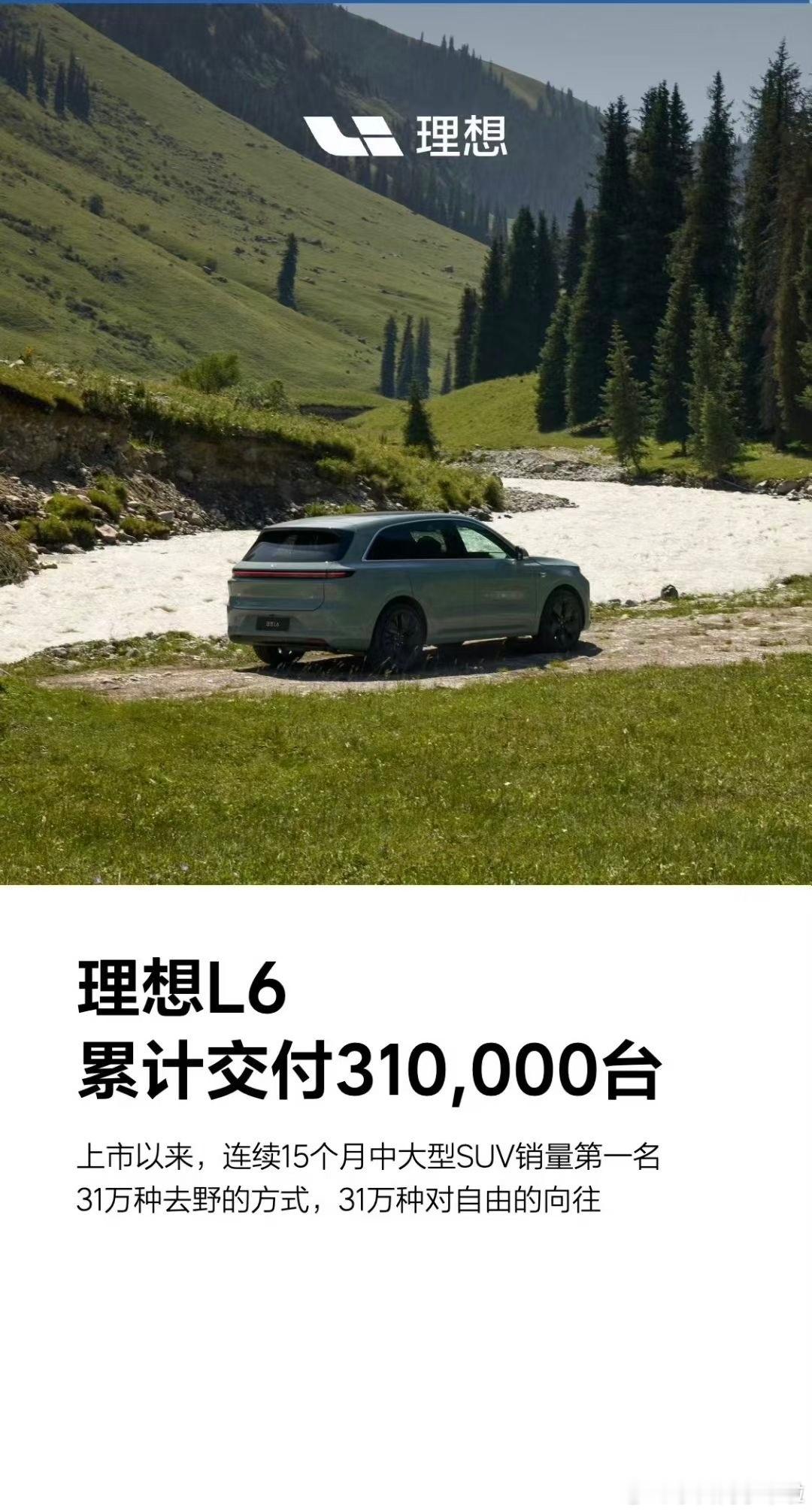 理想 L6 累计交付 31 万辆了，联系 15 个月中大型 SUV 销量第一名。