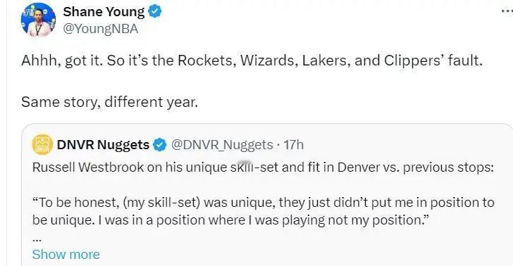 ForbesSports记者Shane Young：威少永远没有错？都是火箭、奇