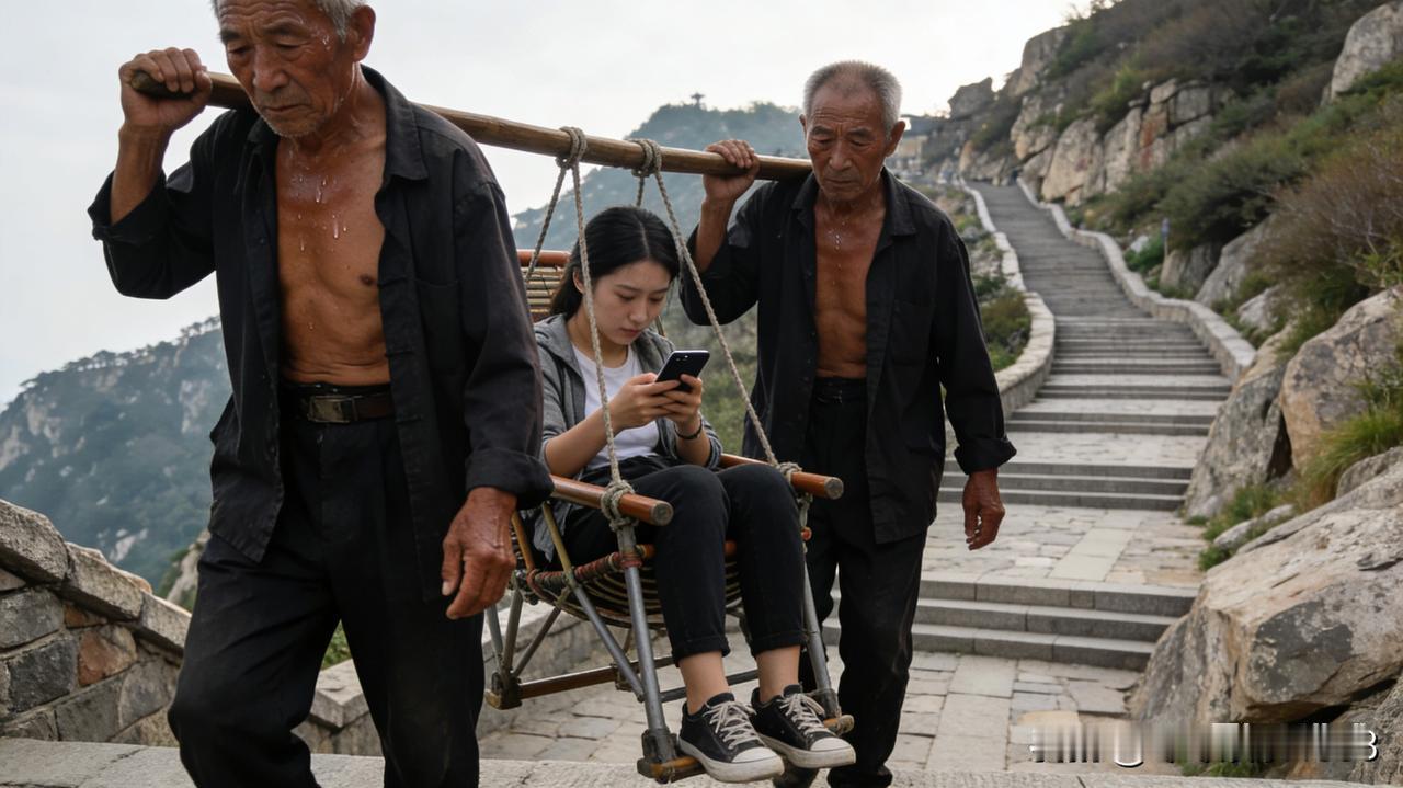 泰山十八盘的石阶上，两名大爷正抬着担架往上攀，担架里的姑娘低头刷着手机 —— 这