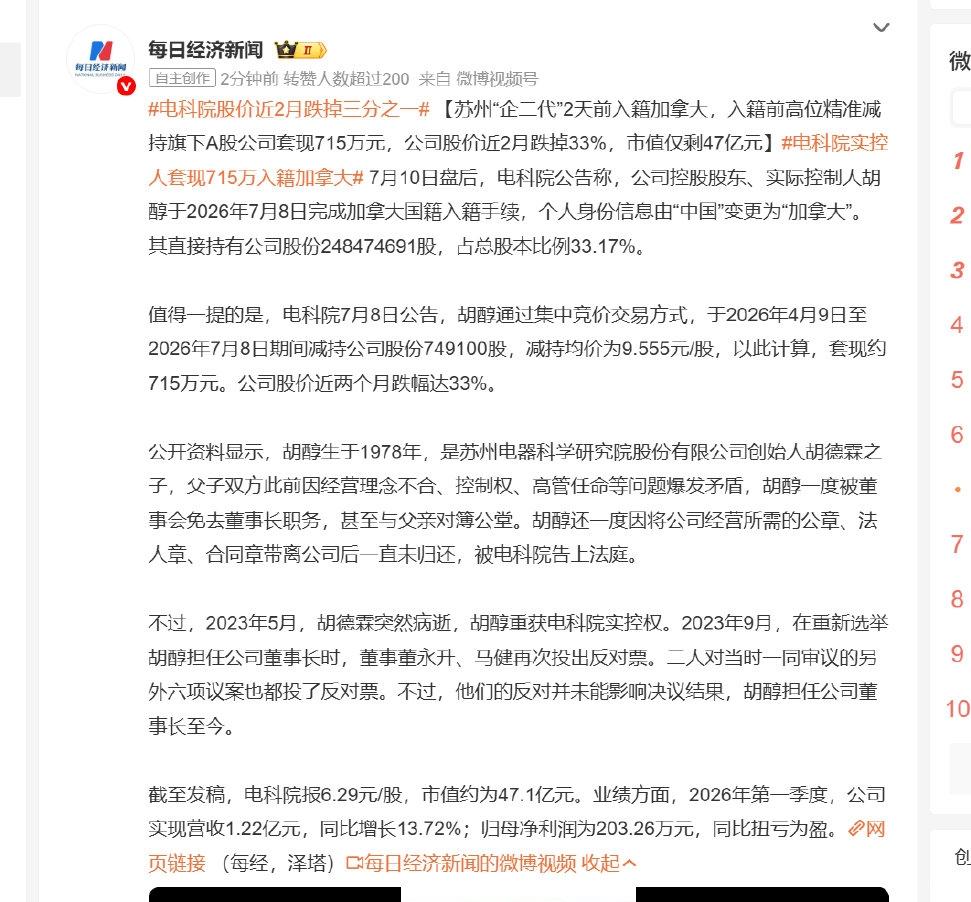 电科院实控人胡醇这波操作真是让人惊掉下巴！7月8日完成入籍加拿大手续，同一天历时