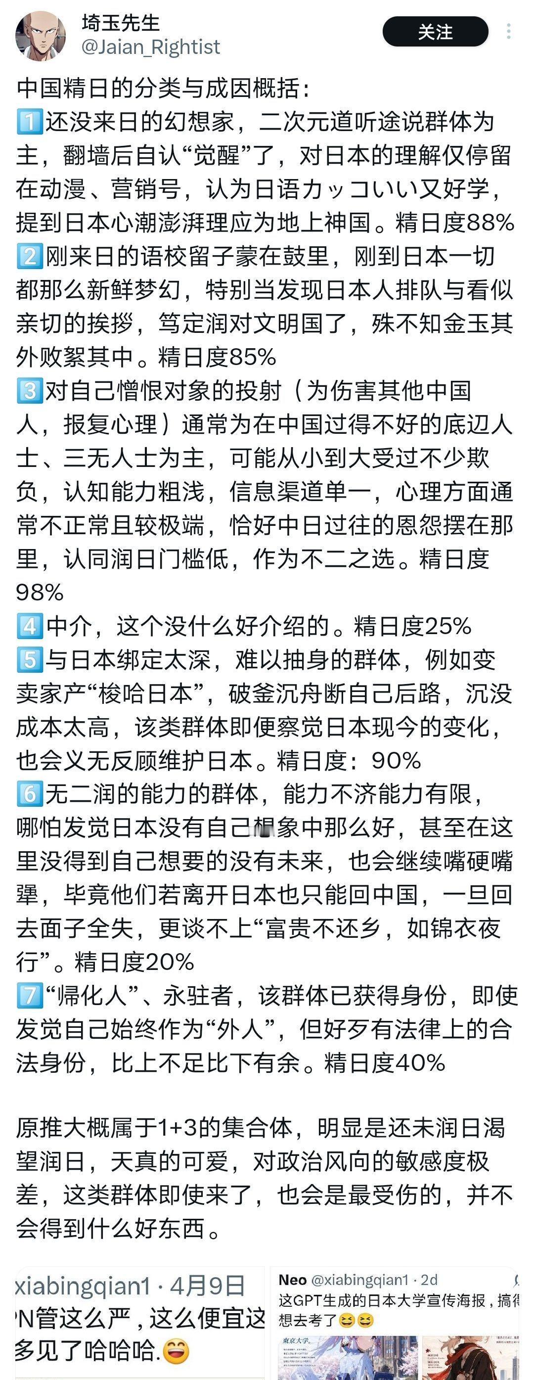 埼玉对精日群体的分类解剖，你同意吗？ 

翻了下留言，在日华人几乎是一边倒的认可