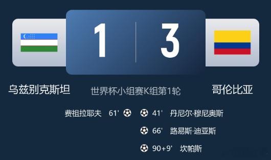 北京时间今天早上10:00，世界杯小组赛K组第1轮，乌兹别克斯坦对阵哥伦比亚，比