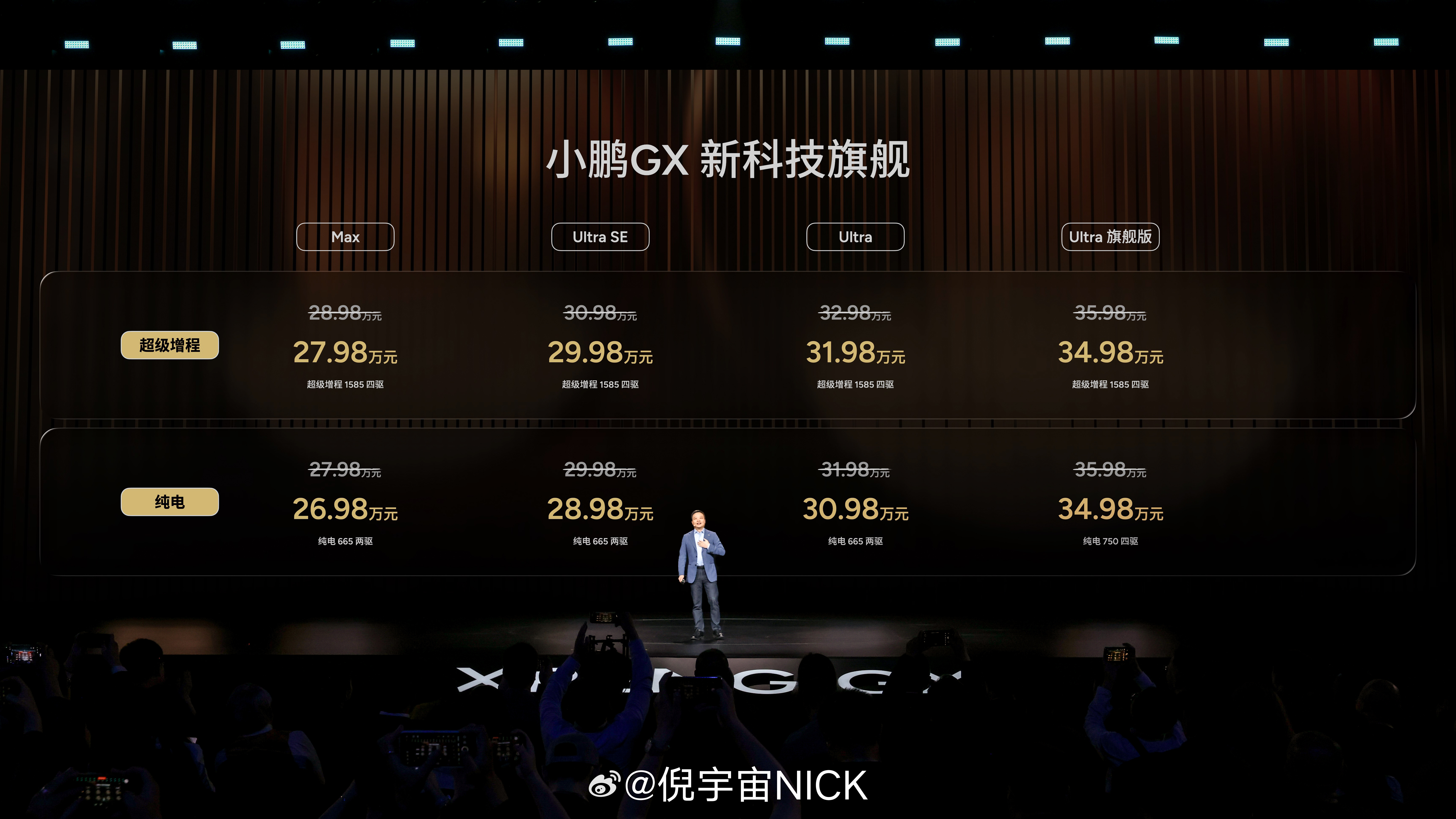 小鹏GX上市了，纯电和增程两个版本，限时权益价26.98万起。看了下配置啊，全系